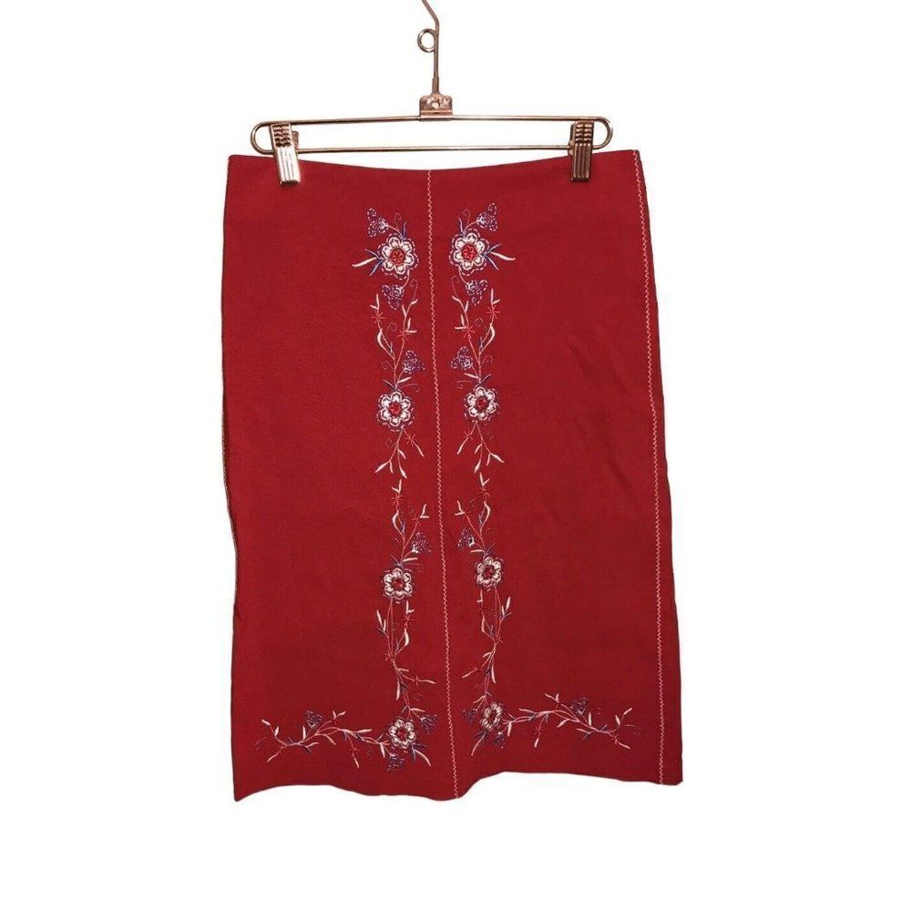 Poleci Embroidered Skirt Womens Size 0 Stretch‎ Bohemian Floral Red Made In USA